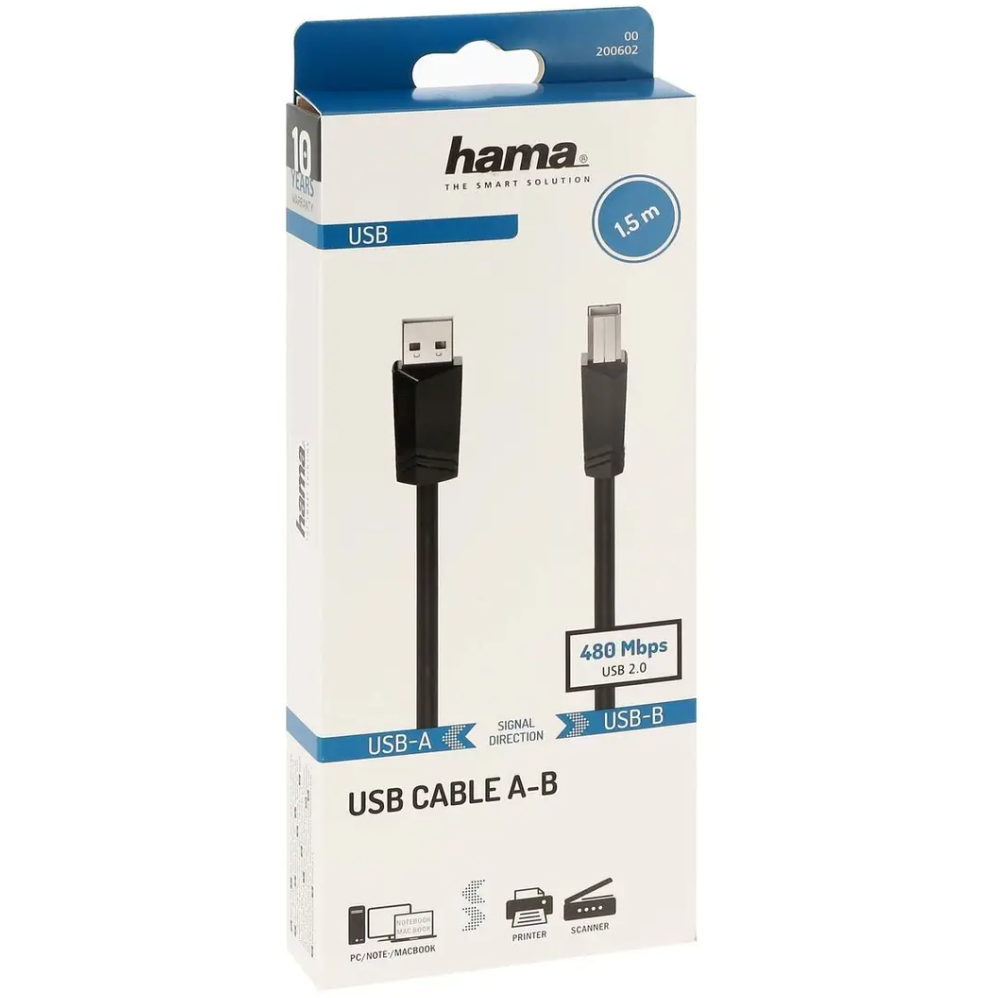 USB 2.0 A to USB B Cable Hama 00200602 Black