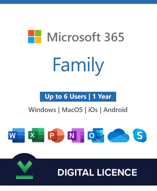 Microsoft 365 Family (PC/MAC/Tablet) 1 Year | 6 Users Digital Licence